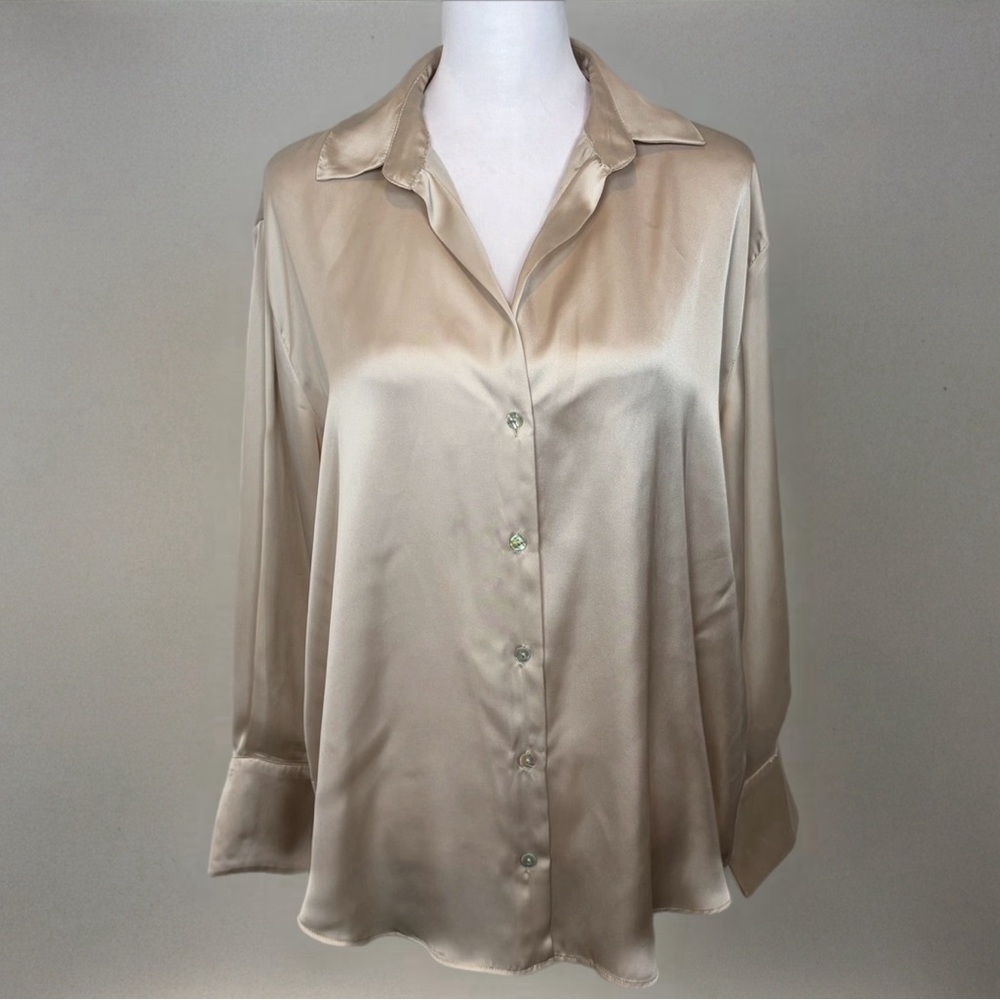 Zara Beige Satin Button Down Shirt Size L